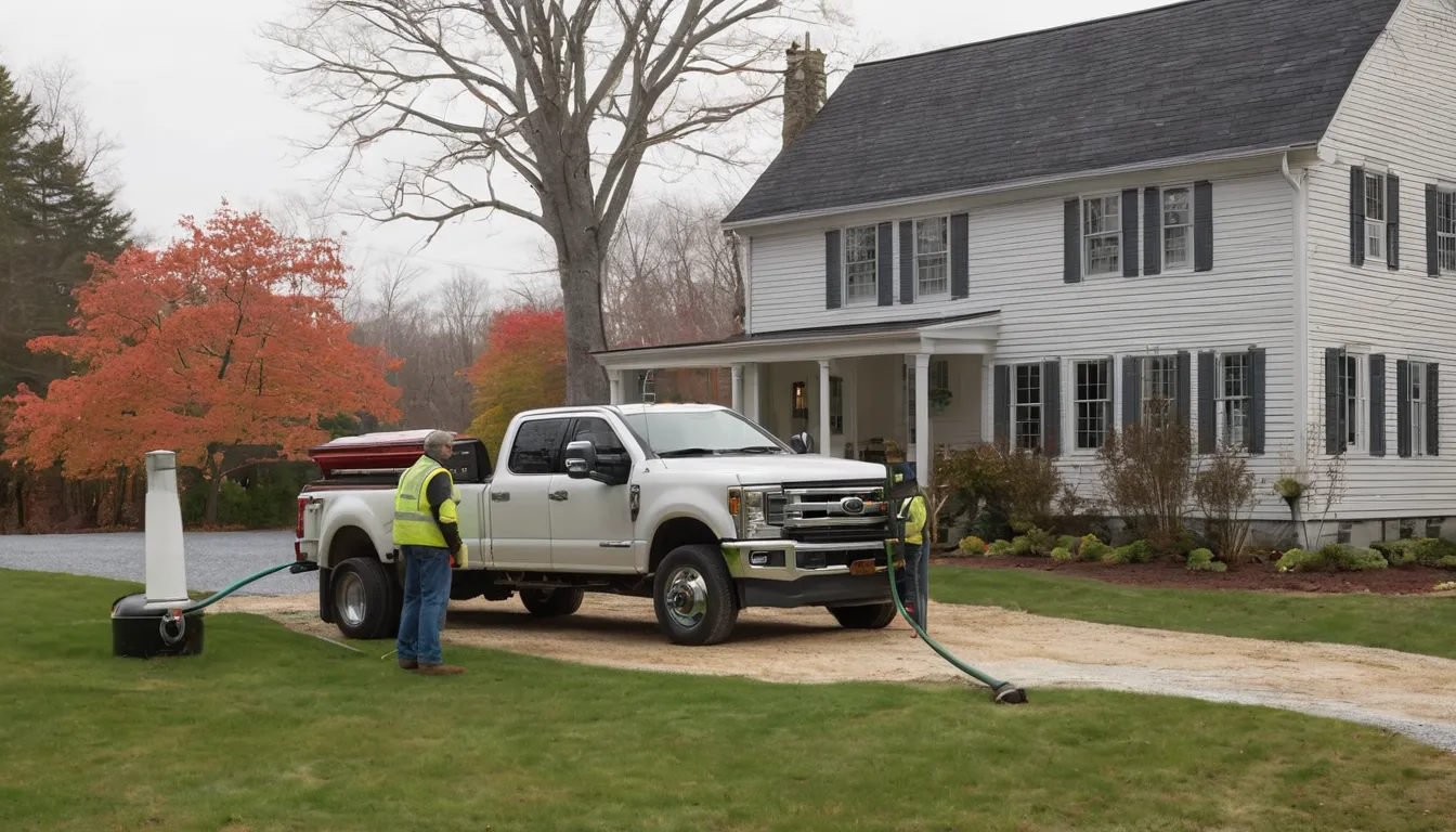 Provider's pump truck parked beside a yard while a homeowner in Hartford looks on